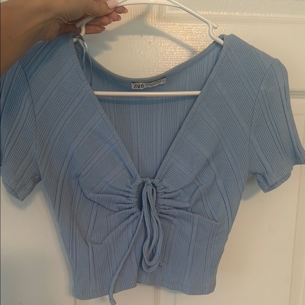 Zara Blue Crop Top with Tie Front and Short Sleeves